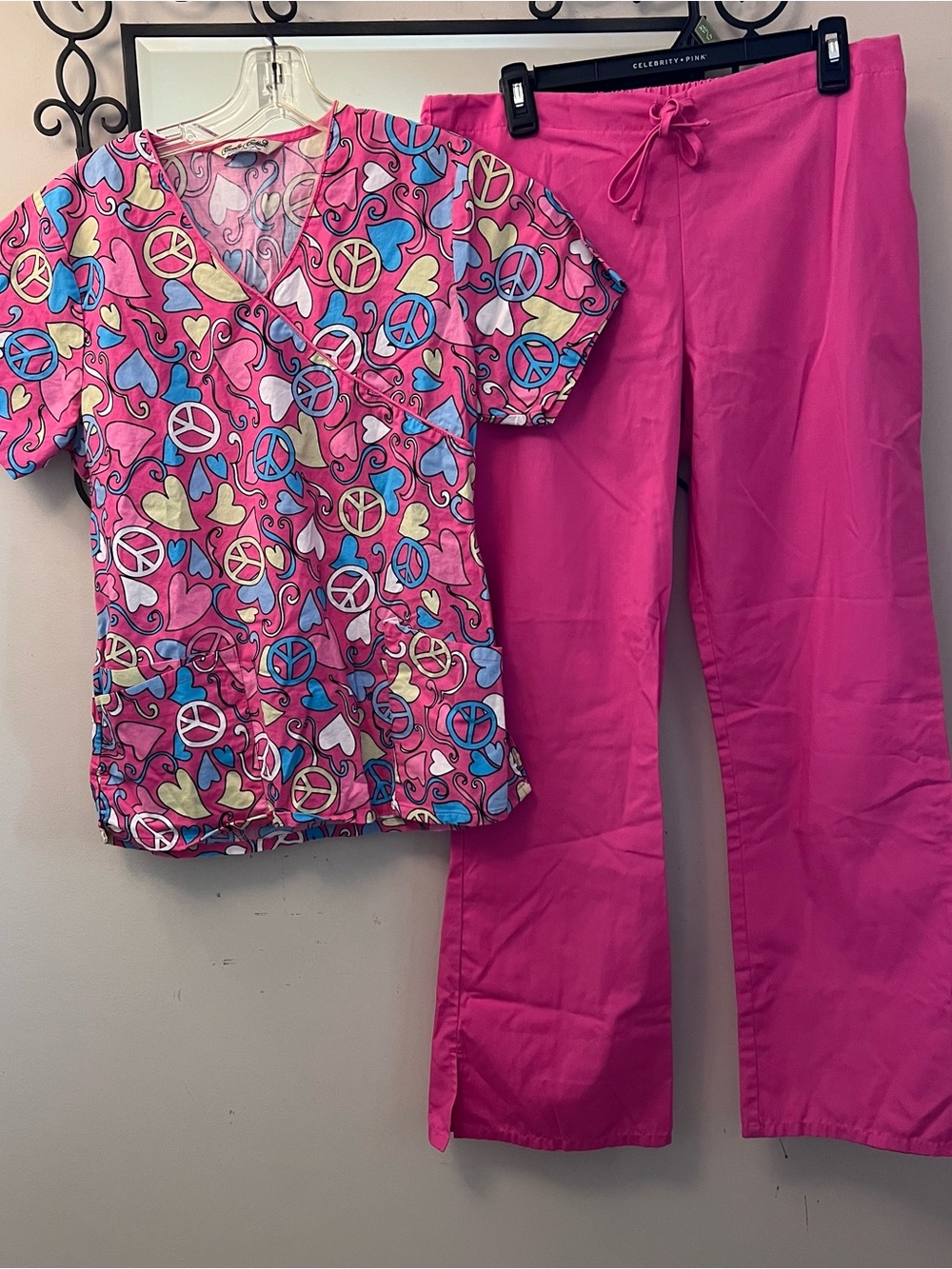 Lot 2 SMALL PINK Peace heart Scrub Top and straight flare Cherokee pants nurse
